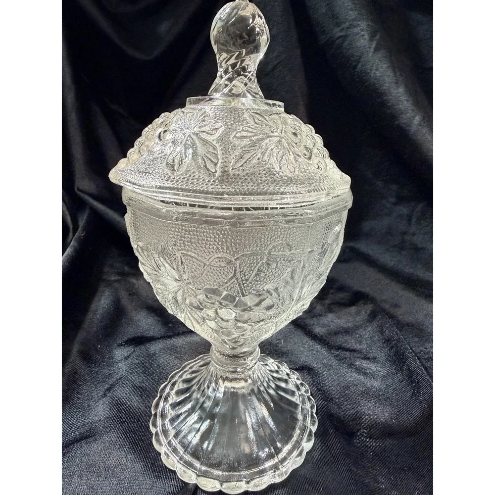 EAPG Clear SANDWICH Glass Lidded Compote On Pedestal‎ w/Grape Design (2611)